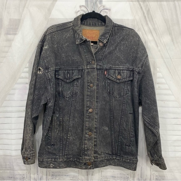 Levis Medium Trucker Jacket Denim Cotton Button Black Stonewash Retro Oversized - Picture 12 of 16
